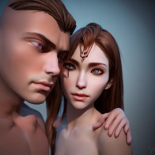 Prompt: perfectly centered symmetrical split male and female portrait of man and woman in love sharing one heart ; 3 d render by artgerm, photorealistic, highly detailed ; daz 3 d genesis iray ; unreal engine ; trending on artstation