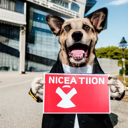 Image similar to professional photo of a dog holding a sign with a nuclear radiation warning on it skull and crossbones yellow three triangles