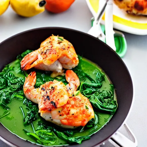 Image similar to a photograph of shrimp and spinach stuffed chicken with lemons