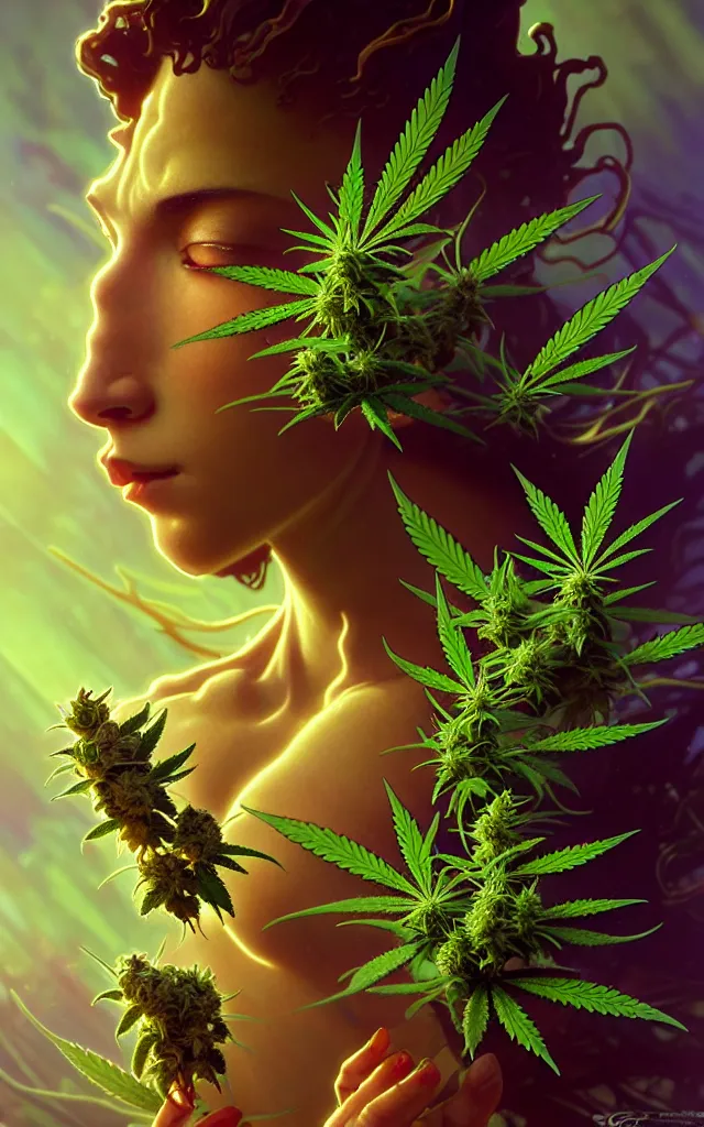 Image similar to epic scale cinematic marijuana deity character concept perfect focus closeup macro photography of a beautiful marijuana bud crystals trichomes, densely packed buds of weed, sacred dmt weed superheroine visionary art by greg rutkowski android jones artgerm alphonse mucha rule of thirds golden ratio alien plants