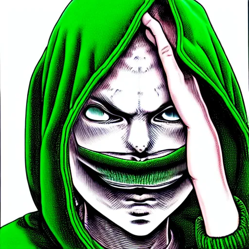 Image similar to portrait of programmer with green hood by junji ito