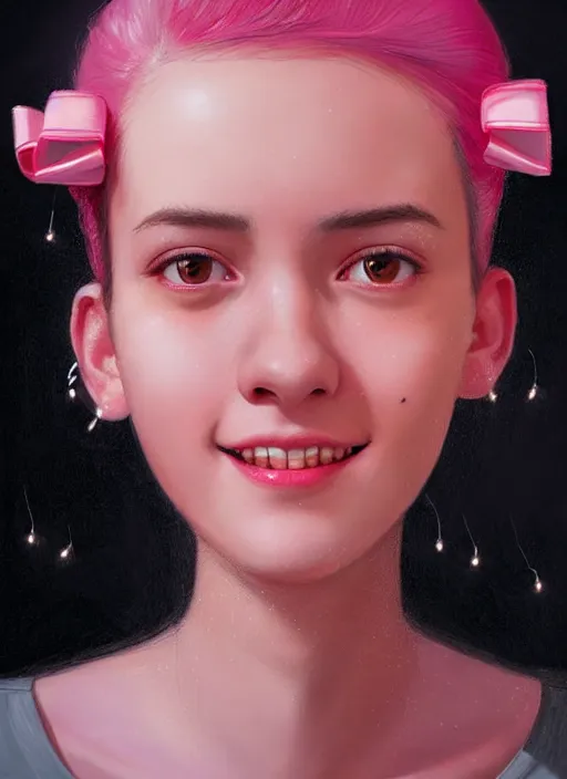 Image similar to portrait of high school girl, realistic, black hair, bangs, half updo hairstyle, pointy nose, skinny, smile, ugly, defined jawline, big chin, pink hair bow, earrings, intricate, elegant, glowing lights, highly detailed, digital painting, artstation, sharp focus, illustration, art by wlop, mars ravelo and greg rutkowski