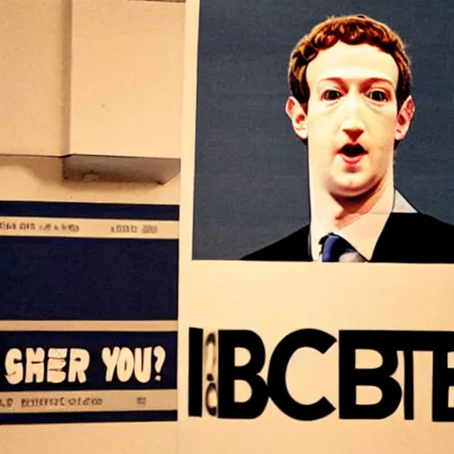 Image similar to a poster of the Big brother is watching you with face of mark Zuckerberg, 1984 style