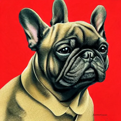 Prompt: a detailed and complex, highly detailed, concept art, soviet propaganda poster depicting a french bulldog. painting by irakli toidze