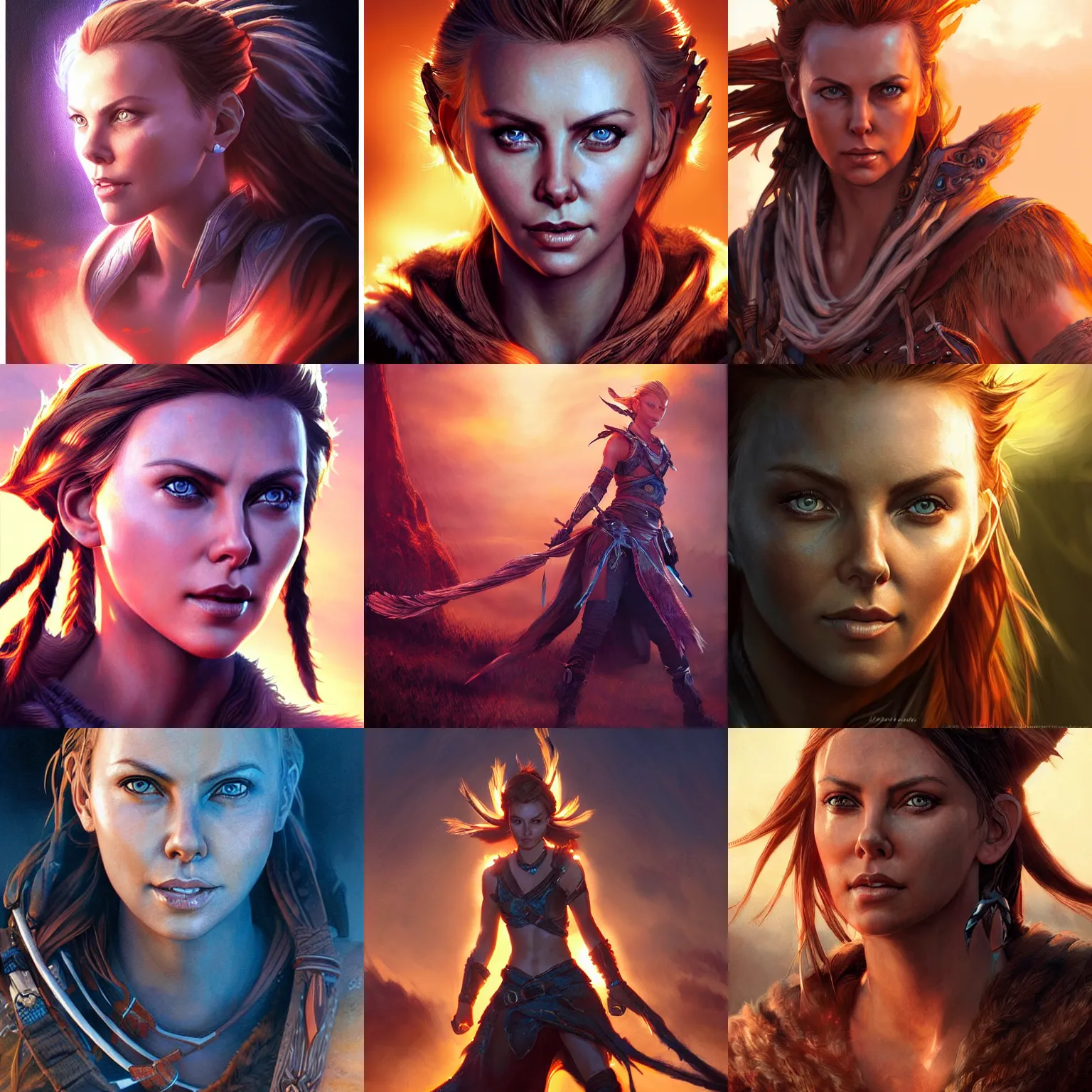 Prompt: a painting of charlize theron as aloy by artgerm, highly detailed, atmospheric lighting, attractive, vivid sunset, deviantart