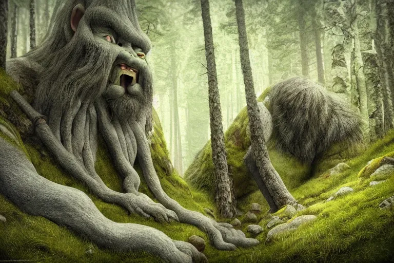 huge mountain troll in a swedish forest, very low | Stable Diffusion