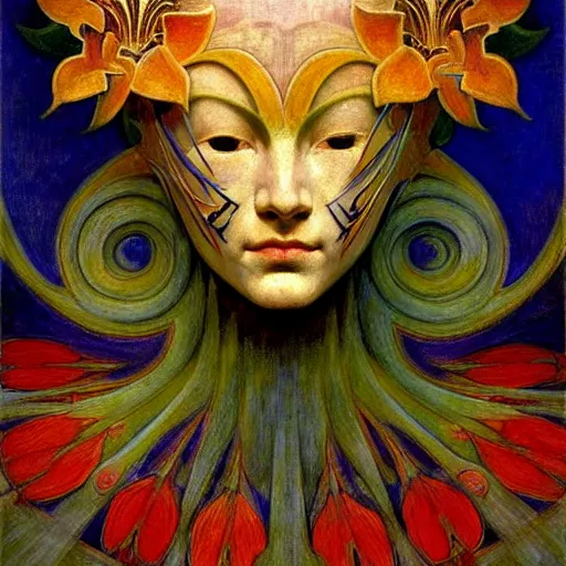 Image similar to masterpiece painting of a facemask made of stylized flowers, by annie swynnerton and jean delville and tino rodriguez and john watkiss, flower mask, art deco shaman, art brut, symbolist, dramatic lighting, god rays, elaborate geometric ornament, clean crisp graphics, soft cool colors, smooth, sharp focus, extremely detailed