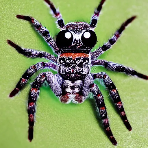 Prompt: jumping spider patterned like the spiderman suit