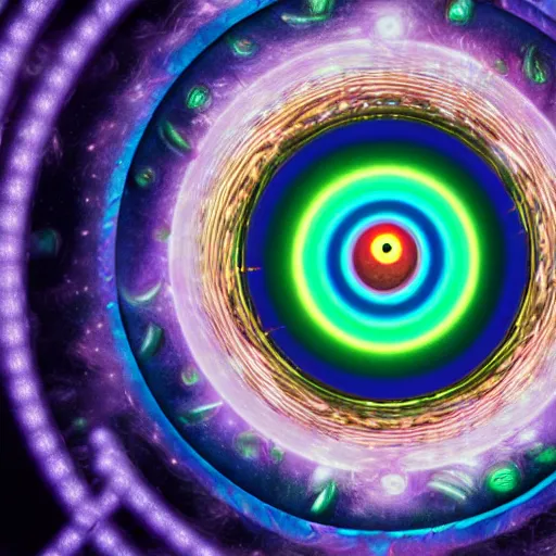 Prompt: still of rainbow ophanim surrounded by large diagonally rotating rings, giant eyeball in the middle of the ophanim, 8 k, octane render, 3 5 mm, amazing details, beautiful composition