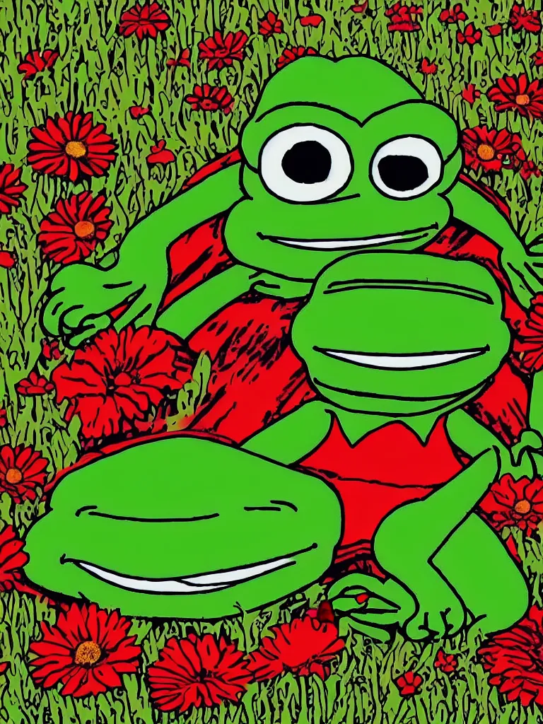 Prompt: resolution 4k hyper realistic film reel of pepe the frog red dead redemption 2 wandering army of pepe the frog a field of flowers a sunny day wholesome soft and warm picnic of breads and fruit sitting on a blanket pepe the frog. the sky is blue and filled with gods love the third rike will rise again hail pepe , rainbows of sweet angels art in the style of Tony DiTerlizzi , and Akihito Tsukushi