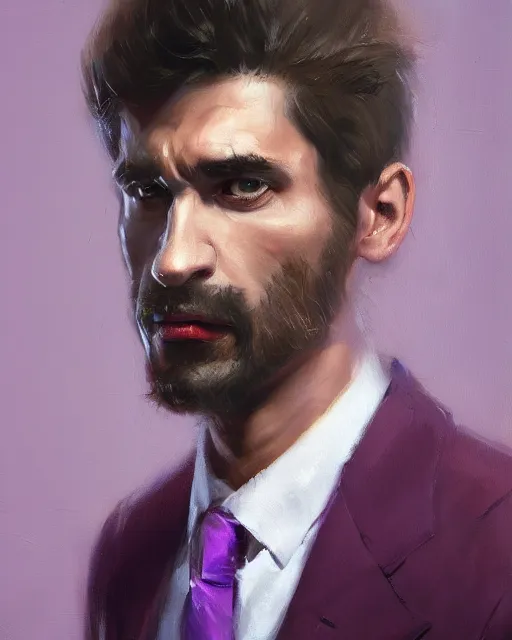 Image similar to An oil painting of a man in his twenties dressed in a purple suit, sleeked back hair, deranged face, highly realistic, highly detailed, 4k, by Greg Rutkowski, trending on artstation