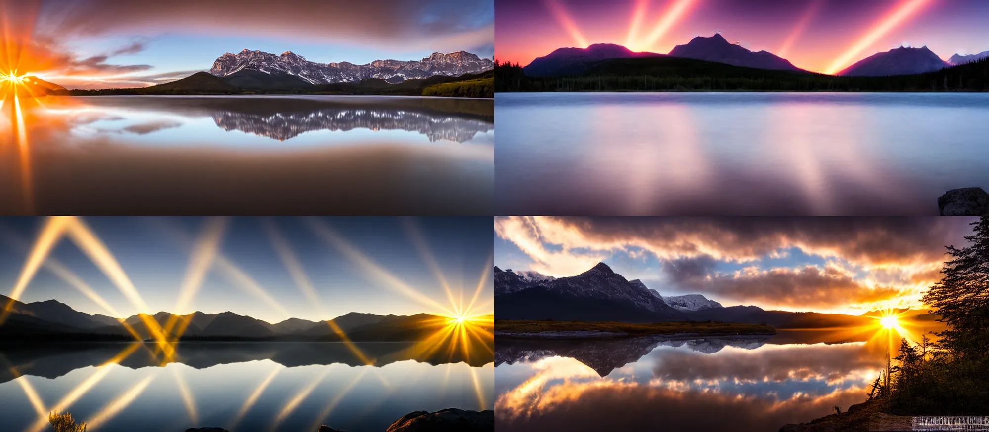 Image similar to mountain sunset over water, reflections, crepuscular rays, long exposure