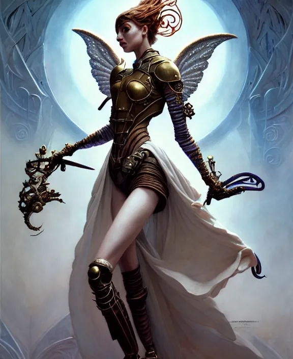 Image similar to beautiful fantasy character portrait, ana de armas, ultra realistic, wide angle, intricate details, the fifth element artifacts, highly detailed by peter mohrbacher, hajime sorayama, wayne barlowe, boris vallejo, paolo eleuteri serpieri, dishonored 2, white gown, angel wings