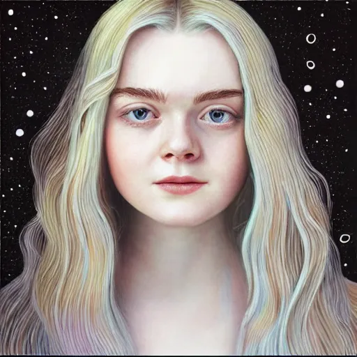 Prompt: professional painting of Elle Fanning in the style of a Purity Ring album, head and shoulders portrait, symmetrical facial features, smooth, sharp focus, illustration, intricate, stormy weather, extremely detailed masterpiece,