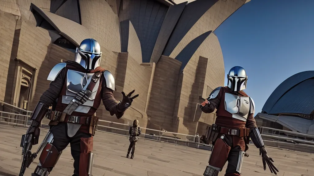 Prompt: Mandalorian selfie by the Sydney Opera House, hyper realism, high detail, vivid colors, octane render, unreal engine