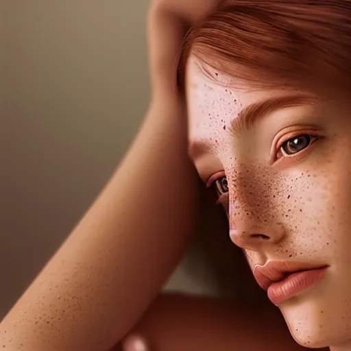 Image similar to portrait of a cute thin young woman, red blush, light freckles, soft smile, casual clothes, relaxing on the couch, home interior, golden hour, close up shot, 8 k, art by irakli nadar, hyperrealism, hyperdetailed, ultra realistic