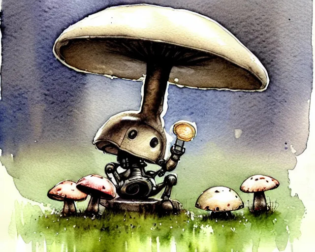 Prompt: a cute little robot sitting on the ground under mushrooms, hiding from the rain. gray sky, rain clouds, heavy rain. watercolor painting by jean - baptiste monge, muted colors