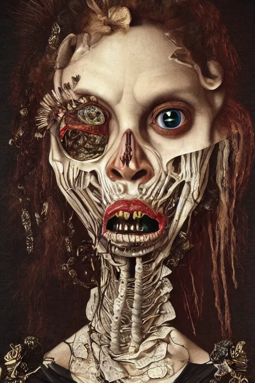 Image similar to Detailed maximalist portrait with large lips and with large eyes, sad exasperated expression, bones, HD mixed media, 3D collage, highly detailed and intricate illustration in the style of Caravaggio, dark art, baroque