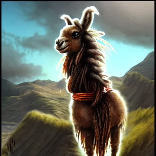 Image similar to A cinematic matte painting of a llama with dreadlocks, heroic pose, ultra realistic, ultra detailed, in the style of chriss foss