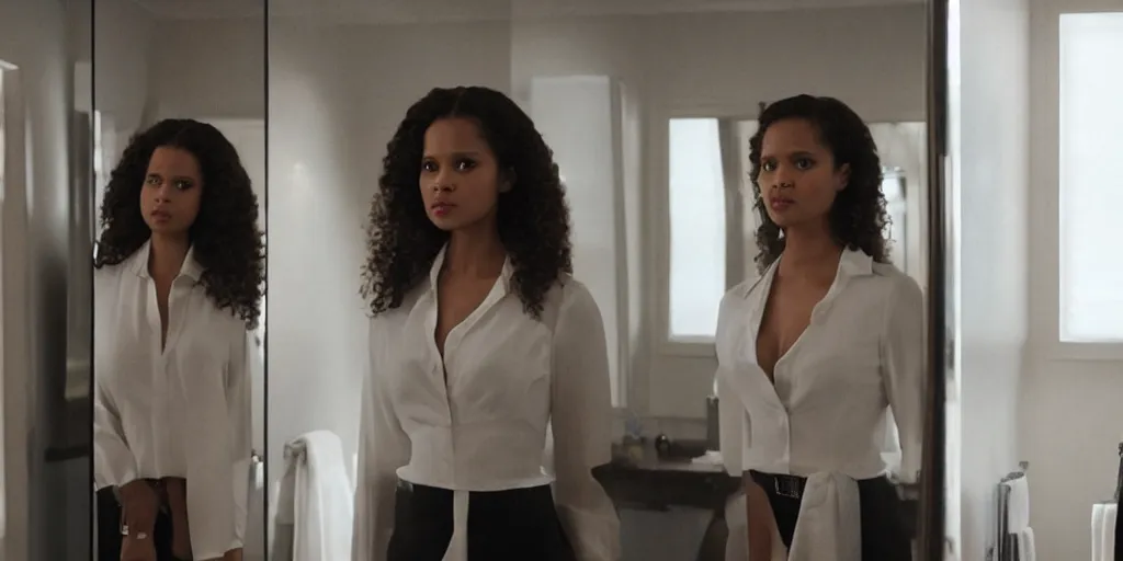 Image similar to ultra wide angle photo of gugu mbatha - raw dressed in a white blouse and black dress pants as diana prince looking at herself in a bathroom mirror and seeing her reflection as wonder woman