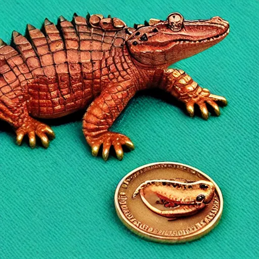 Image similar to gator sleeping on pile of coins and rubies, river, green, brown, blue, airbrush