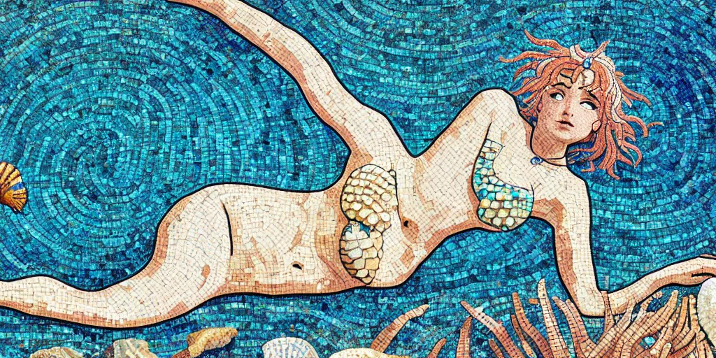 Image similar to ancient roman mosaic of bluehair mermaid with a shell bikini on sea floor, low ceiling, illustration by moebius, victo ngai, josan gonzales, katsuhiro otomo, clean thick line
