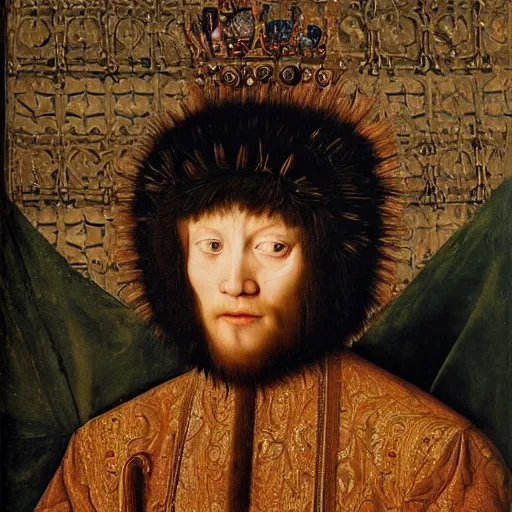 Prompt: portrait of a king with a lions head for a head, oil painting by jan van eyck, northern renaissance art, oil on canvas, wet - on - wet technique, realistic, expressive emotions, intricate textures, illusionistic detail