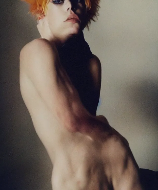 Prompt: a color photograph of edie campbell, bleached blonde short hair, by nan goldin, intense, bold, hyperrealistic, ultra sharp, extra details, ultra high quality, trending on pinteresst