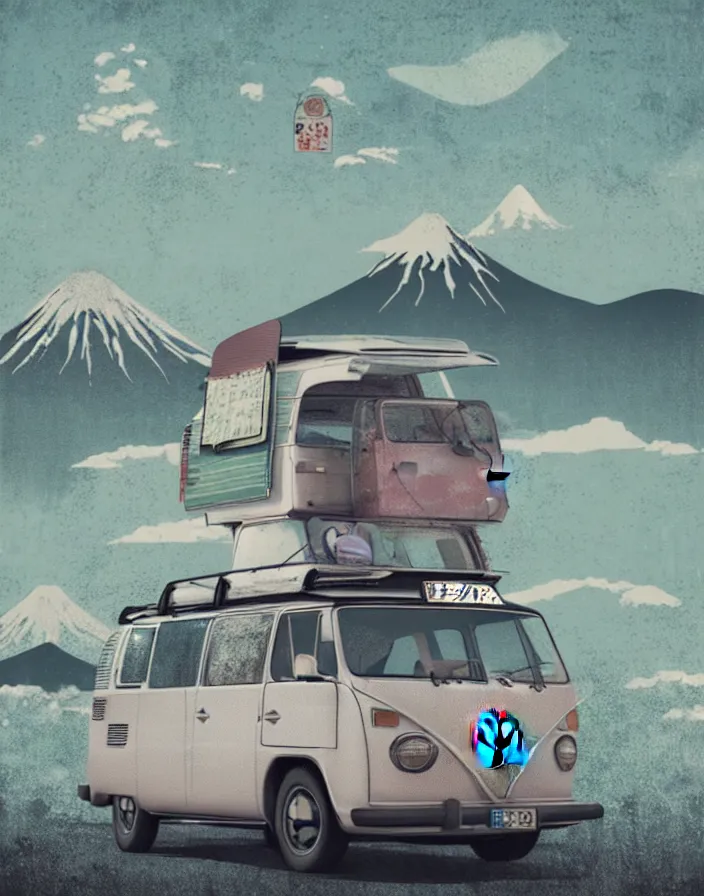 Image similar to vw camper touring rural japan, a collage painting, in the style of wes anderson, lola dupre, david hockney, isolated on negative white space background dark monochrome fluorescent spraypaint accents volumetric octane render, no double figure