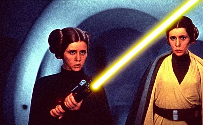 Image similar to screenshot of Princess Leia by herself, training to use a yellow lightsaber at a new desolute Jedi Temple, iconic scene from The Force Awakens the 1970s film directed by Stanley Kubrick, stunning cinematography, hyper-detailed, crisp, sharp, anamorphic lenses, kodak color film stock, 4k