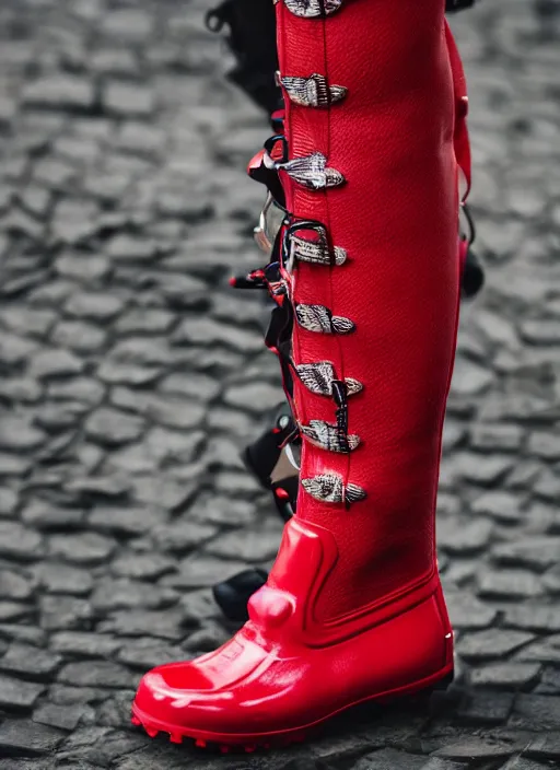 Image similar to hyperrealistic and heavy detailed moncler boots of whole lotta red by playboi carti, leica sl 2 5 0 mm, vivid color, high quality, high textured, real life