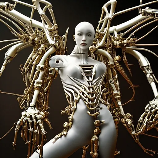 Image similar to still frame from Prometheus movie by Makoto Aida, biomechanical orchids mantis angel archangel gynoid by giger, metal couture by neri oxmn and Guo pei, editorial by Malczewski and by Caravaggio