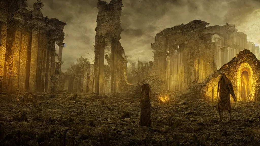 Image similar to King in yellow in middle of a ruins, horror, eldritch, 8K, concept art, DSLR, filmic, HDR, hyperrealism, Unreal Engine, volumetric lighting, Darkart