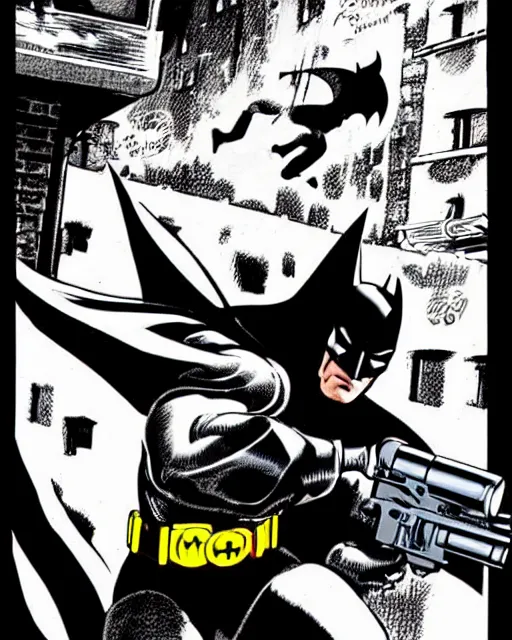 Image similar to batman firing supersoaker watergun at criminals in an alleyway, illustrated by jack kirby