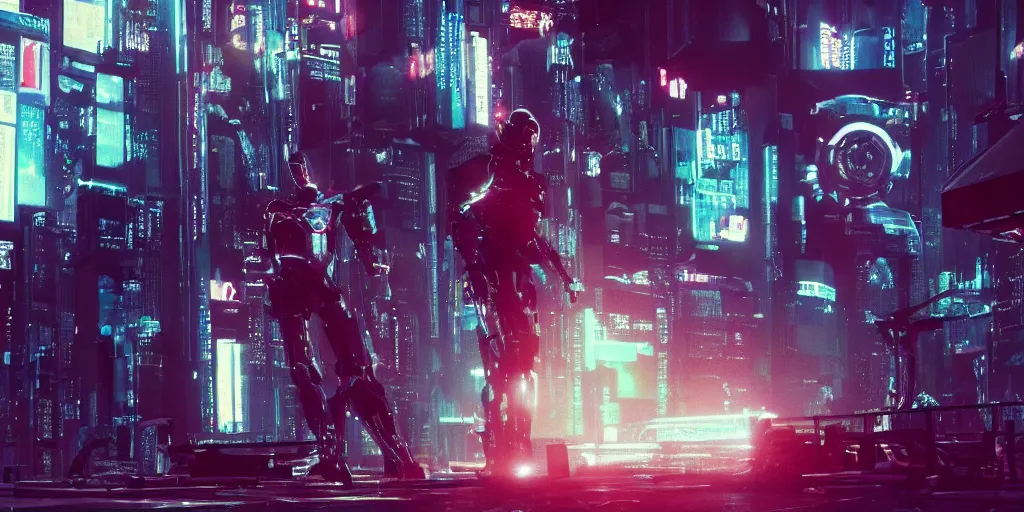 Prompt: Cyberpunk android chrome Robot dramatic movie scene, shot on imax, cinematic scene, cinematographic composition, CineStill 800T Film