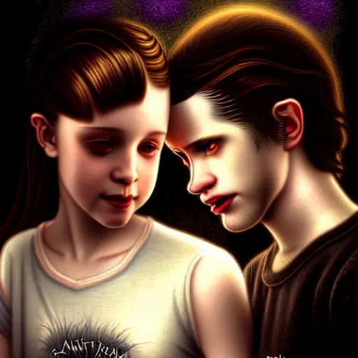 Image similar to twilight version of stranger things, portrait of edward and bella, diffuse lighting, fantasy, intricate, elegant, highly detailed, lifelike, photorealistic, digital painting, artstation, illustration, concept art, smooth, sharp focus, art by john collier and albert aublet and krenz cushart and artem demura and bouguereau and alphonse mucha