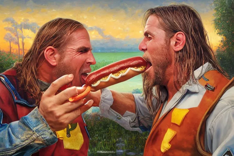 Image similar to portrait of wwf shawn michaels and thomas the tank engine sharing hotdogs, an oil painting by ross tran and thomas kincade