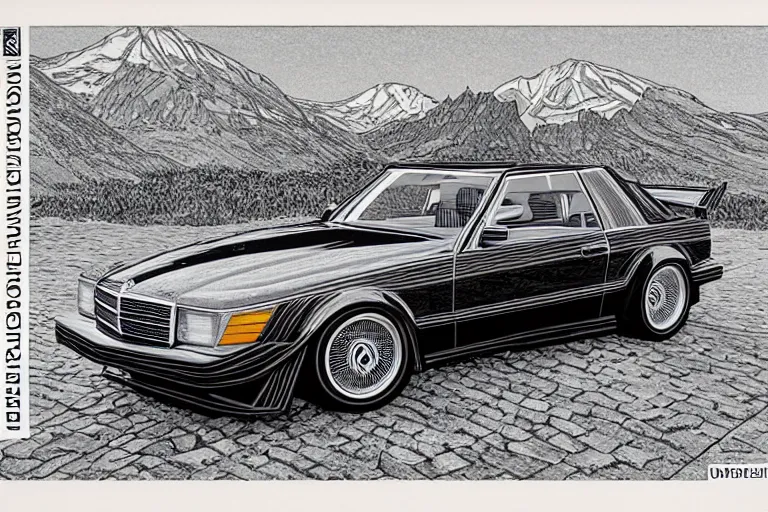 Image similar to intricate, 3 d, 1 9 7 8 vector w 8 twin turbo mercedes, style by caspar david friedrich and wayne barlowe and ted nasmith.