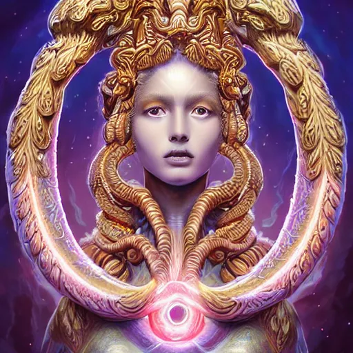 Image similar to ultradetailed ornate sci-fi RPG illustration of a beautiful symmetric Medusa radiating a glowing aura wearing a roots flower armor with much decorum, digital airbrush painting, 3d rim light, hyperrealistic masterpiece, artstation, cgsociety, kodakchrome, golden ratio