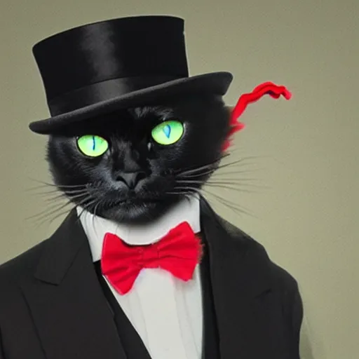 Prompt: a grimacing black cat with green eyes wearing a tophat and a red bowtie