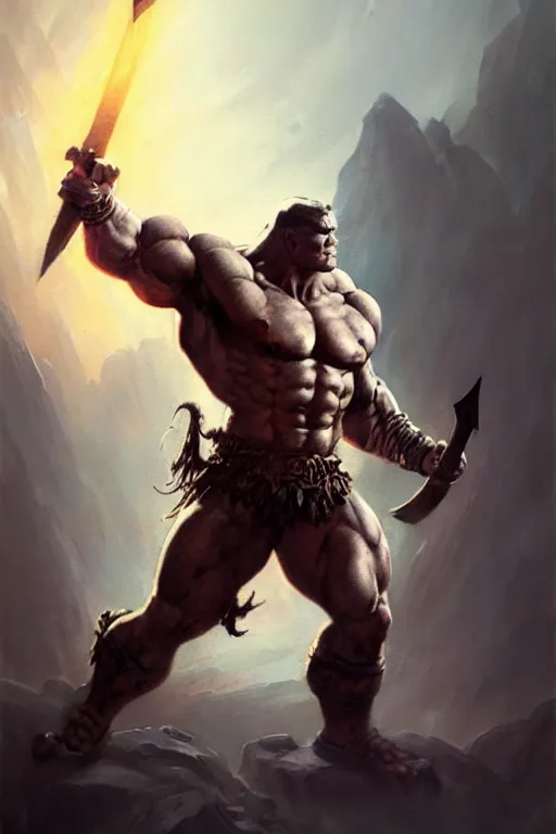 Image similar to full body portrait of [ [ [ john cena ] ] ] as a barbarian, by frank frazetta, greg rutkowski and peter mohrbacher, dramatic action pose, extremely detailed shading, sharply focused, concept art, digital painting, trending on artstation, unreal engine 5, octane render, atmosphere, glow, cinematic lighting, full of color