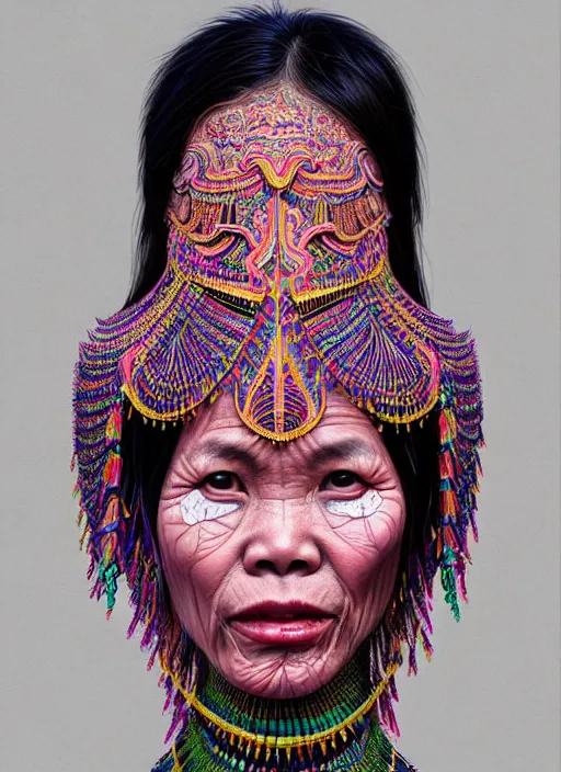 Image similar to portrait of catriona balfe, hyper detailed ultra sharp kayan people ( myanmar ) long - neck woman. trending on artstation, warpaint aesthetic, colorful, psychedelic, ornate, intricate, digital painting, concept art, smooth, sharp focus, illustration, art by artgerm and greg rutkowski and h. r. giger, 8 k