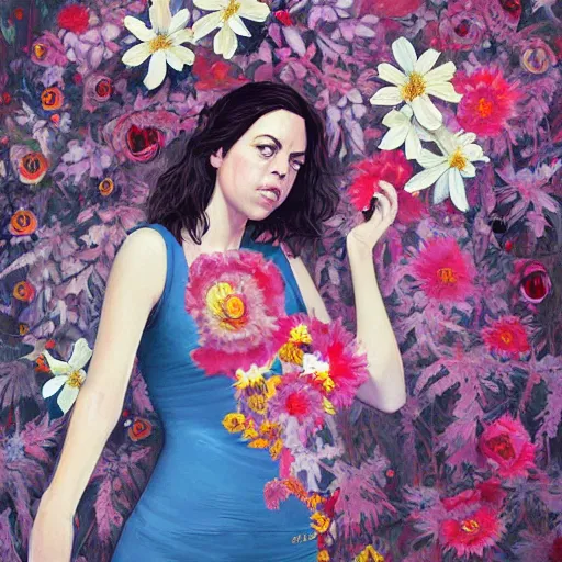 Prompt: painting of aubrey plaza dressed with flowers, illustration, artistic, colorful, hyper detailed, in the style of greg rutkowski