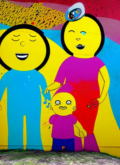 Image similar to graffiti, splash painting, happy family, by os gemeos