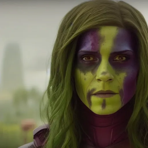 Prompt: Film still of Emma Watson as Gamora, from Guardians of the Galaxy Vol. 2 (2017), full shot