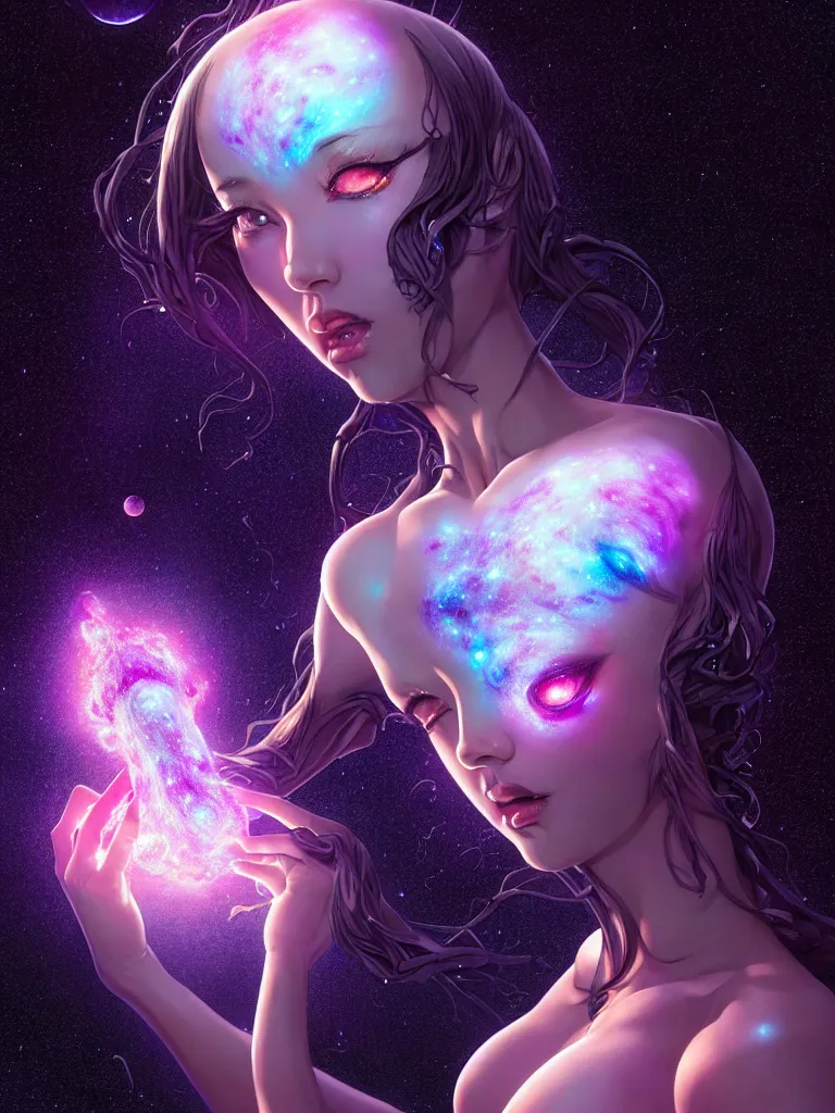 Prompt: azathoth girl, seductive pose, dress made of the milky way, full body, occlusion shadow, specular reflection, rim light, unreal engine, artgerm, artstation, art by hiroaki samura and ilya kuvshinov and ossdraws, intricate, highly detailed 8 k, cosmic horror illustration, extremely beautiful shape of face and body