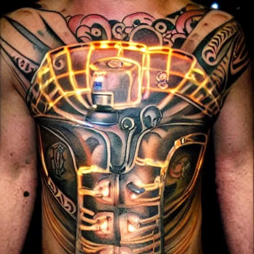 Prompt: chest tattoo of a maintenance slap in the skin with a golden robot mechanic with glowing tubes inside under the skin, insanely integrate,