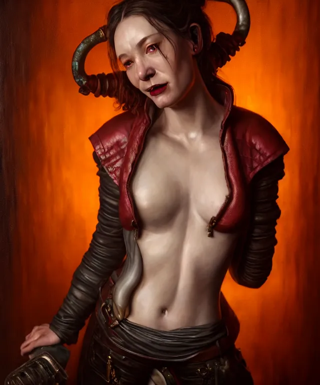 Prompt: hyperrealistic mixed media painting of a beautiful grinning charasmatic female rogue, dimly lit cozy tavern, crimson leather tunic, confident relaxed pose, d&d, stunning 3d render inspired art by Tim Okamura and Lise Deharme + perfect facial symmetry + dim volumetric lighting, 8k octane beautifully detailed render, post-processing, extremely hyperdetailed, intricate, epic composition, grim yet sparkling atmosphere, cinematic lighting + masterpiece, trending on artstation, very very detailed, masterpiece, stunning