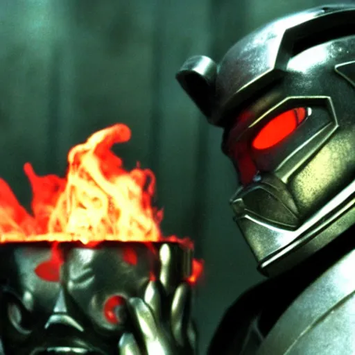 Image similar to cinematic film still MF Doom starring as a Samurai holding fire, Japanese CGI, VFX, 2003, 40mm lens, shallow depth of field,film photography