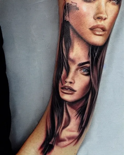 Image similar to creative double exposure effect tattoo design sketch of megan fox faded in beautiful mountain scenery, realism tattoo, in the style of matteo pasqualin, amazing detail, sharp